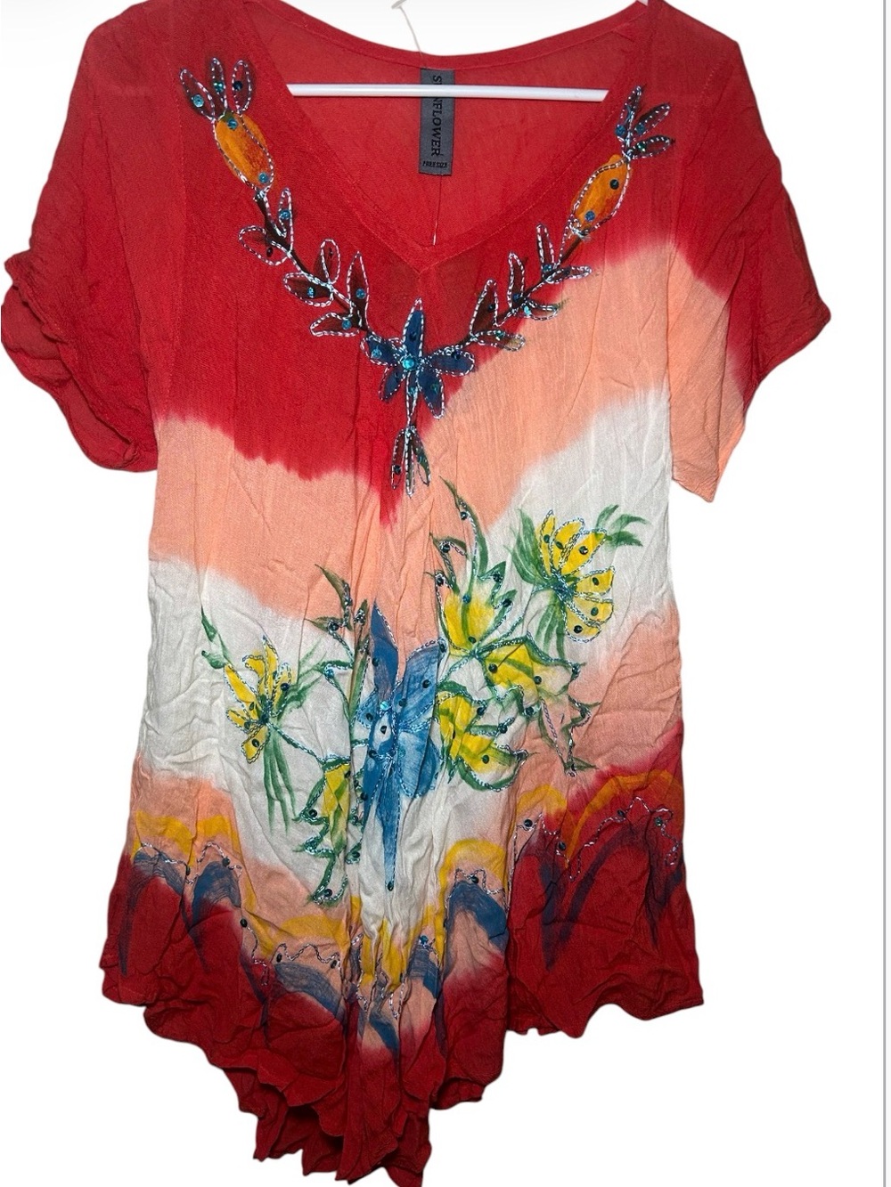 Sunflower Flower Red Floral V-Neck Embellished Women’s Swim Cover Summer Beach